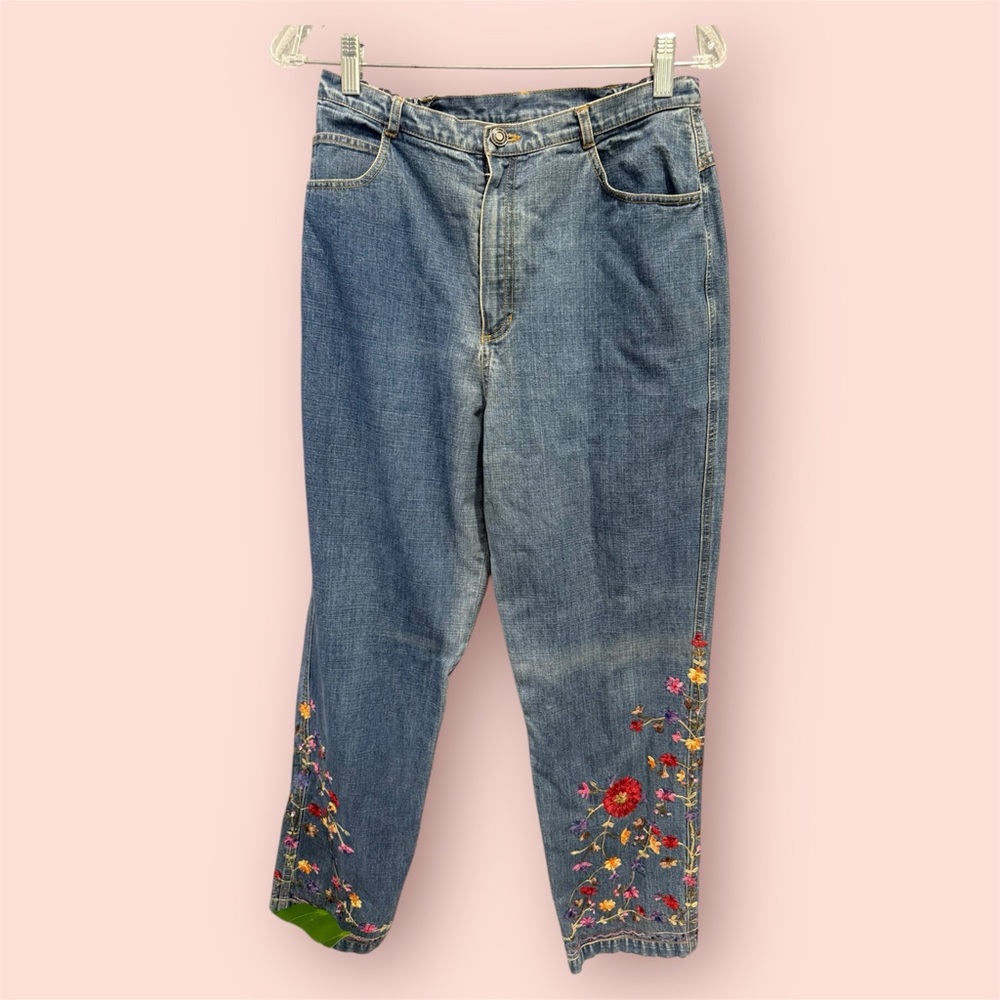 CHICOS DESIGN EMBROIDERED FLOWERS denim stretchy high rise waistband jeans sz 1